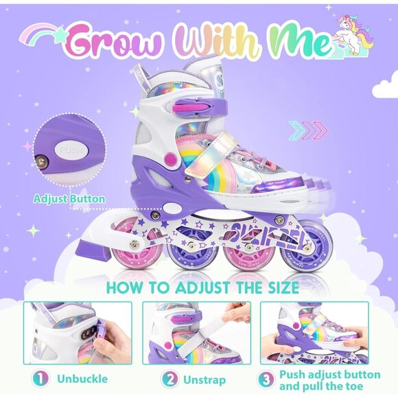 Sulifeel Kids B Purple Rainbow Unicorn Inline Adjustable Light Up Wheels Skates - Picture 2 of 7
